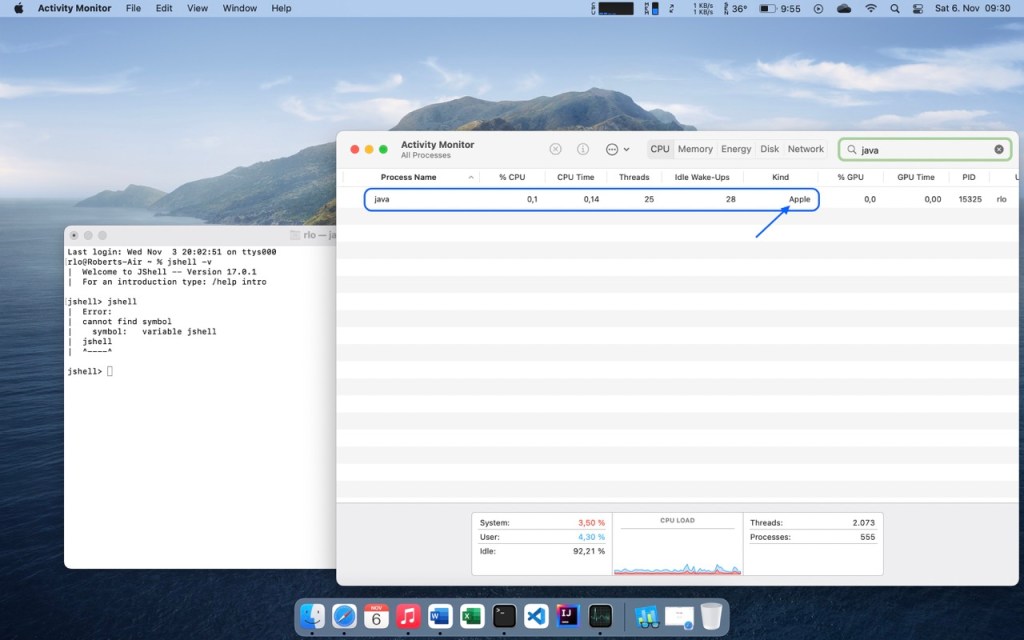 Picture showing Java jshell in in a Terminal in macOS Activity Monitor running Apple Silicon native.