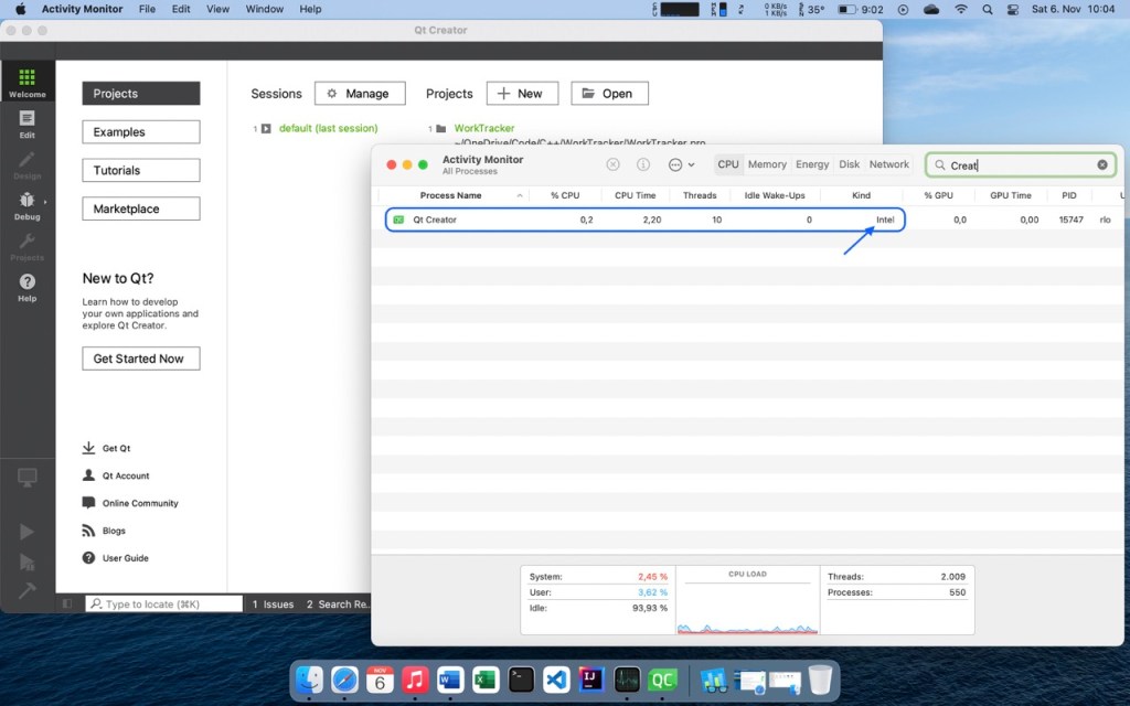 Picture showing Qt Creator in macOS Activity Monitor running emulated Intel with Rosetta.