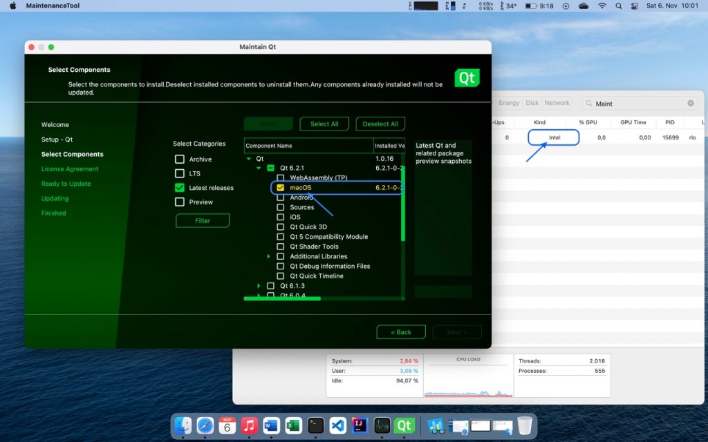 Picture showing Qt installer on macOS running Intel code in Rosetta.