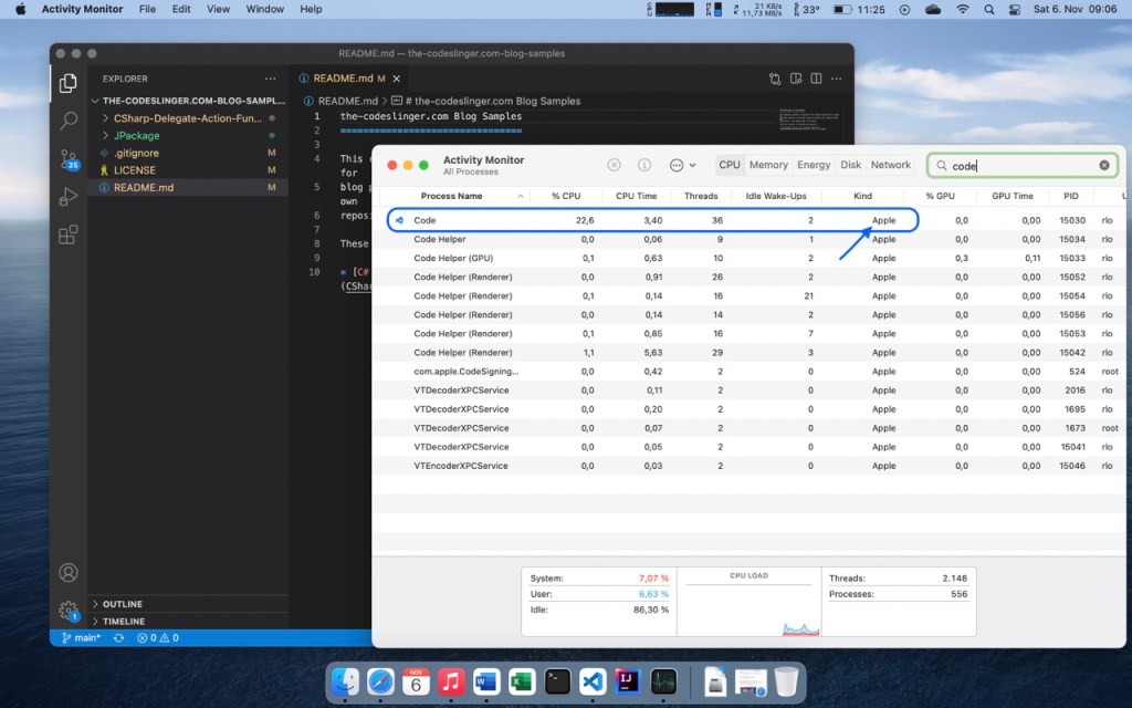 Picture showing Visual Studio Code in macOS Activity Monitor running Apple Silicon native.