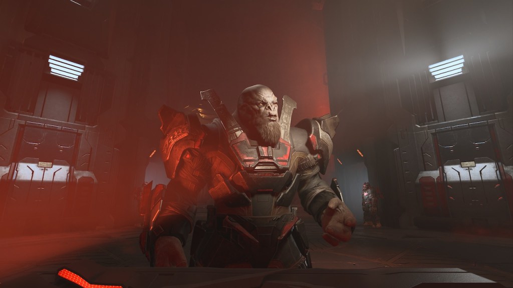 An image depicting the Banished war-chief Escharum in a dark Banished building.