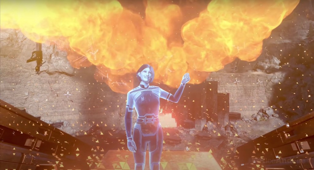 An image depicting Chief's new AI happily snipping her fingers to demonstrate the result of her hacking that results in an explosion.