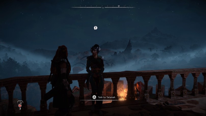 Aloy standing in front of Talanah. The images shows the gameplay mechanic of an informational exclamation mark for non-quest related conversation.