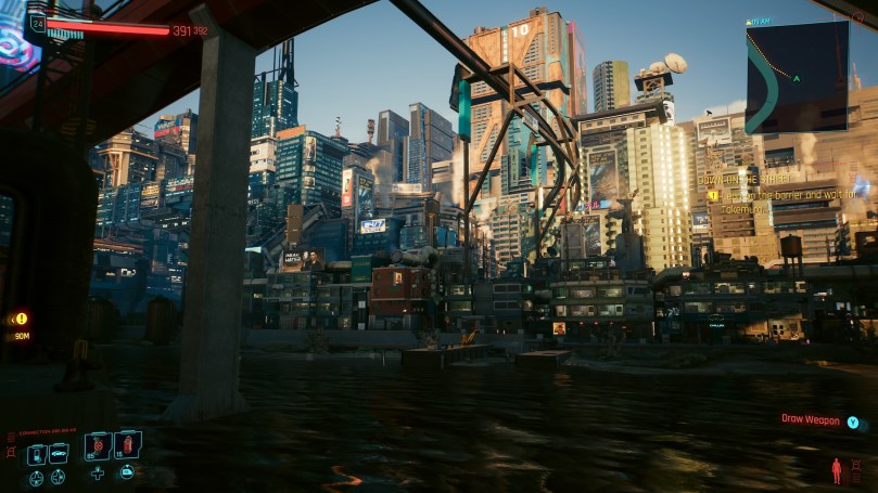 A view of Night City's massive and dense skyline from the pier.