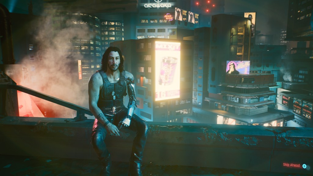 Sitting on a balcony and viewing the skyline of Night City at night. Johnny Silverhand sits on the railing, looking at you. V is about to make a decision how to approach the final mission.