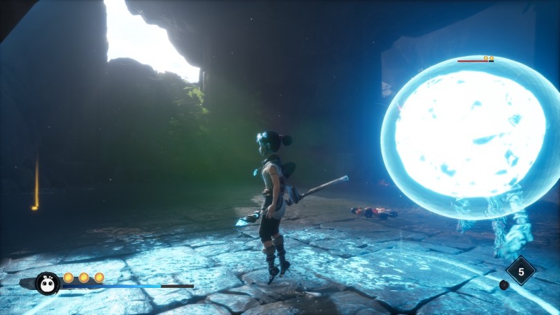 Kena explodes a bomb on an enemy in close proximity. The effect of the explosion causes the game to freeze.