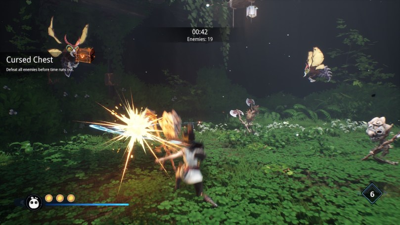 Kena fighting several small enemies under time pressure to complete the challenge of a Cursed Chest.