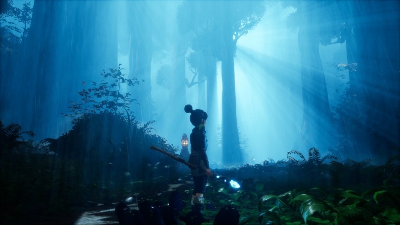 Kena in a forest in the dark during a thunder storm. The background is illuminated by a lightning strike and tinted in a bright blue color.