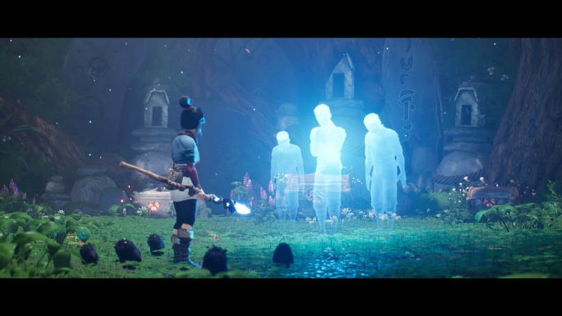 Kena showing her respect to a family of spirits whose house she has cleared of corruption.