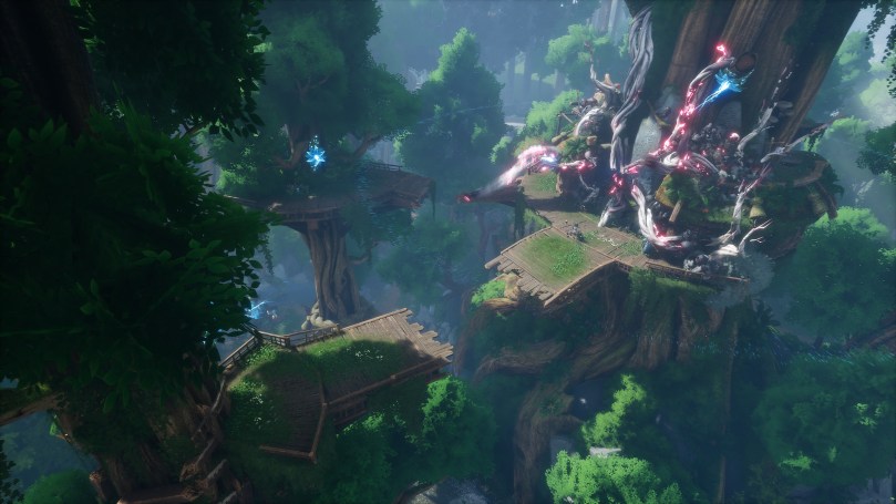 A top-down view of some sort of large tree house in a forest. There are three large platforms that surround a tree, of which one is covered in corruption.