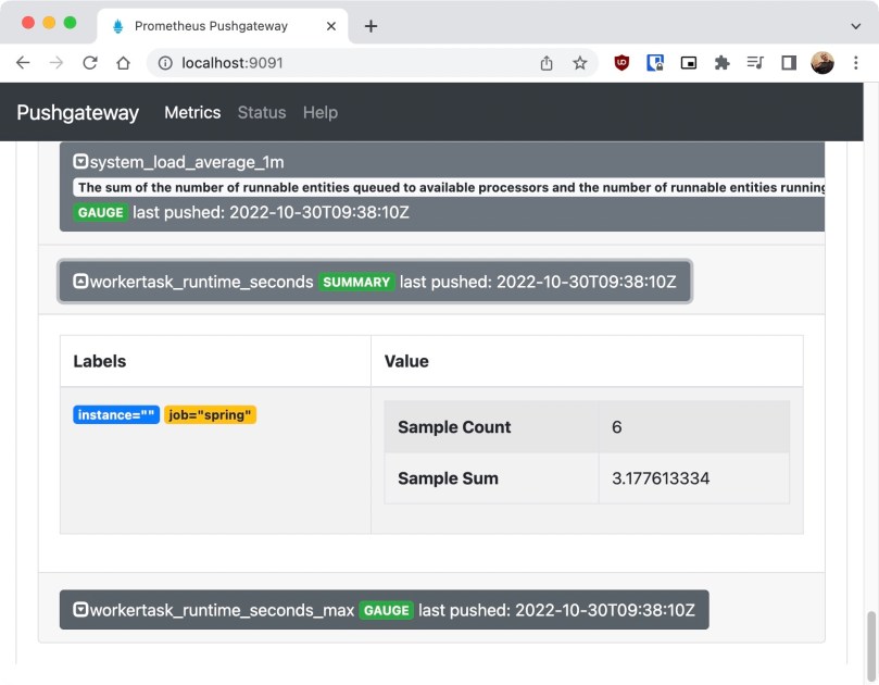The Pushgateway service website displays the expanded group showing the custom metrics of the sample application.
