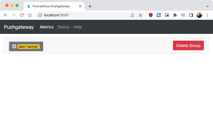 The Pushgateway service website displays a group for all the metrics of the sample application.
