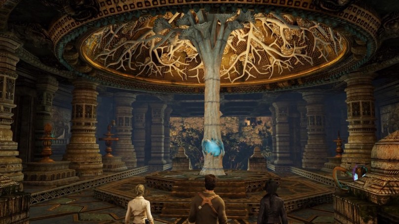 Elena, Nate, and Chloe discover a tree-like relic in a large room.