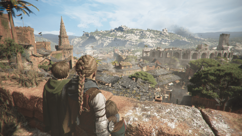 A screenshot of A Plague Tale Requiem showing Amicia, Hugo, and Lucas overlooking a city from a castle wall.