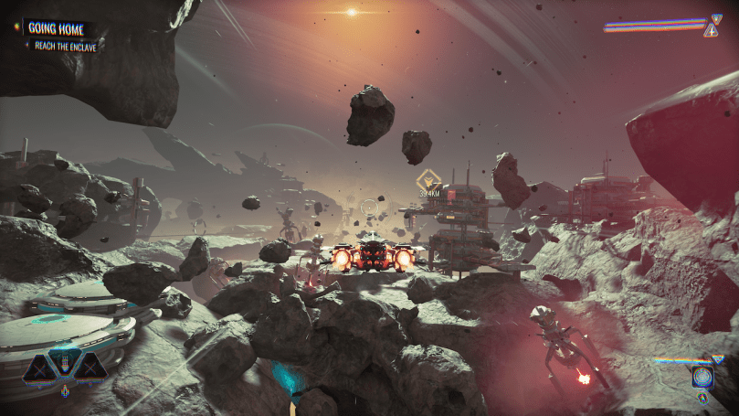 A screenshot of Chorus showing a spaceship navigating between asteroids.