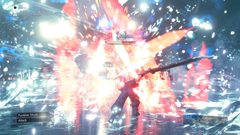 A screenshot of Final Fantasy 7 Remake showing Cloud battling Shiva in the combat simulator and creating a giant fireworks-like visual effect.