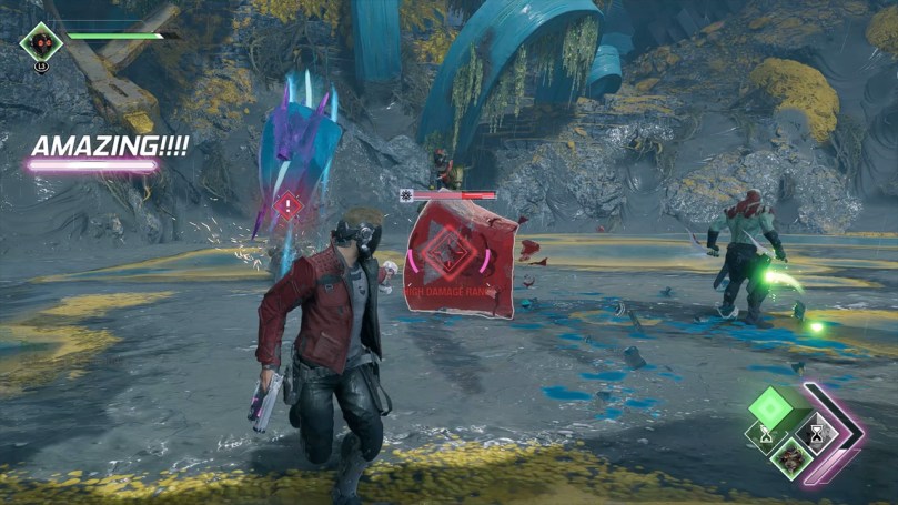 A screenshot of Guardians of the Galaxy showing Peter shooting a jelly-like creatures.