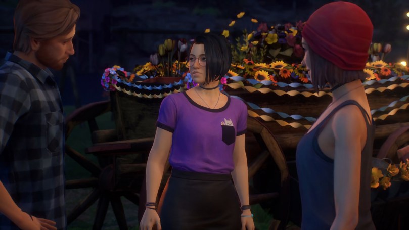 A screenshot of Life is Strange True Colors showing Alex and her friends Ryan and Steph at a fair.