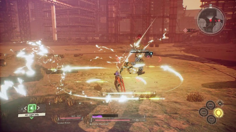 A screenshot of Scarlet Nexus showing Kasane in a fight.
