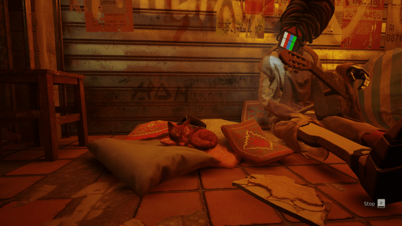 A screenshot of Stray showing the cat peacefully asleep next to a guitar-playing citizen.