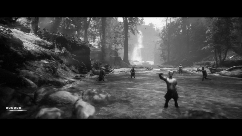 A screenshot of Trek to Yomi showing a fight in a riverbed.