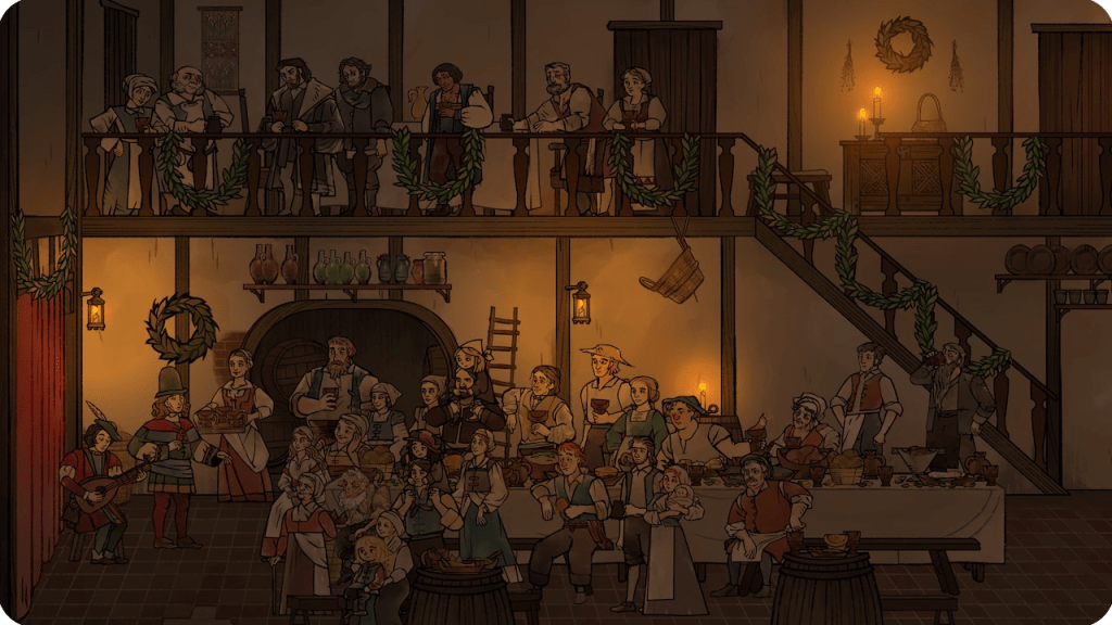 All citizens of Tassing enjoying a Christmas party in the local inn.