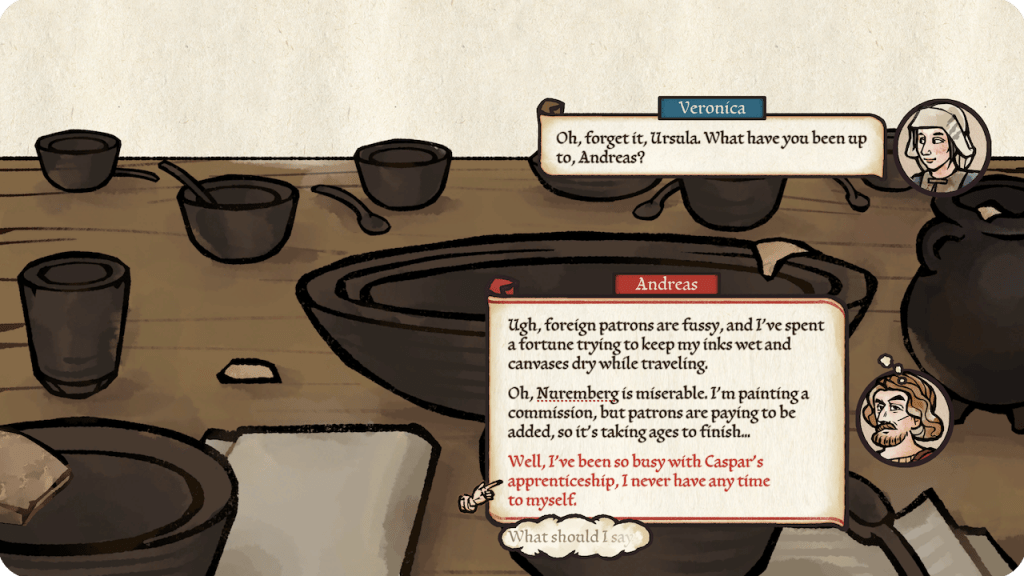 A depiction of a lunch table where Andreas Maler shares a meal while conversing with Veronica.