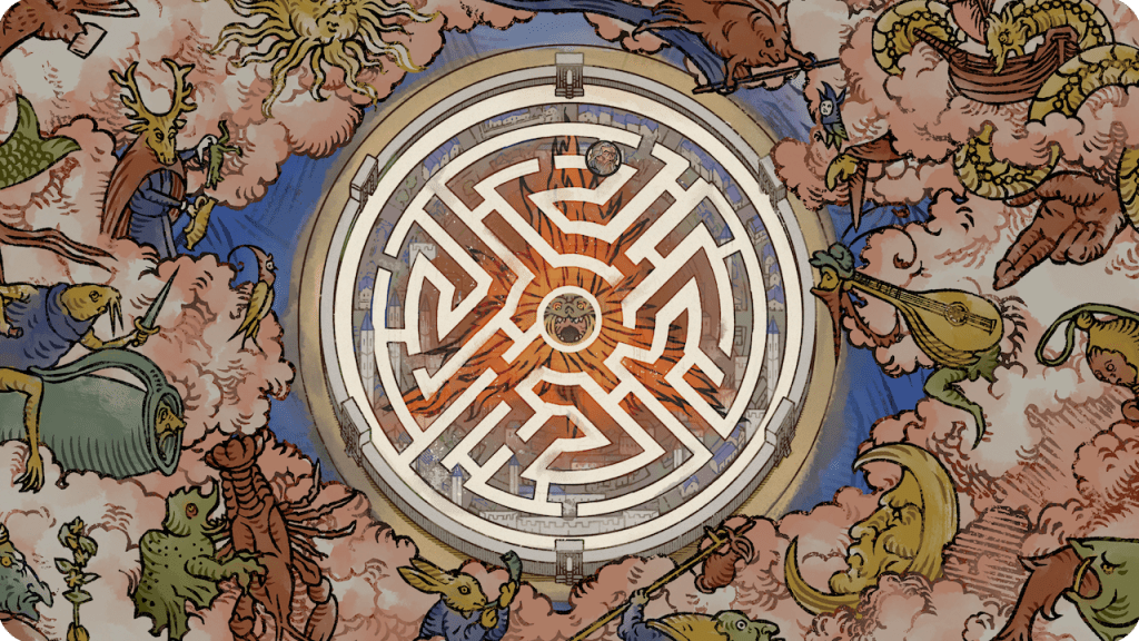 A depiction of a labyrinth that represents Andreas Maler's thoughts. It's an example of one of several mini-games in Pentiment.