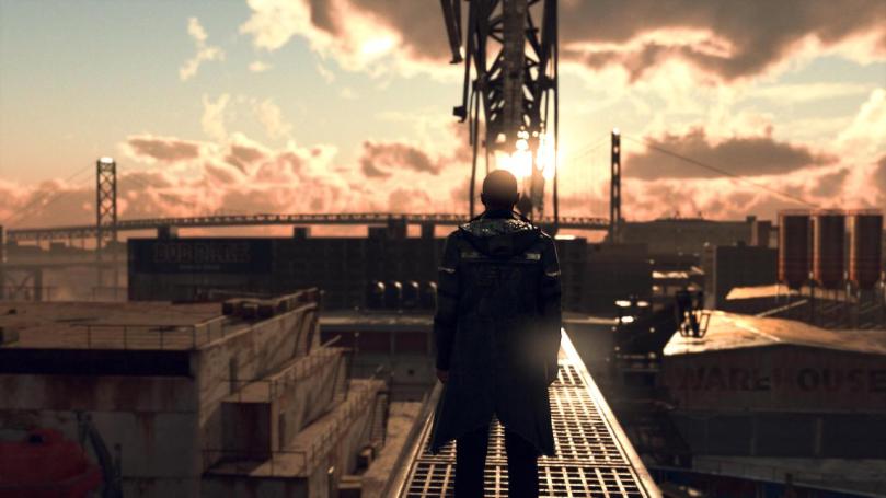 Screenshot demonstrating the very effective depth-of-field effect showing Marcus standing on a scaffold overlooking a freighter while the sun is going down.