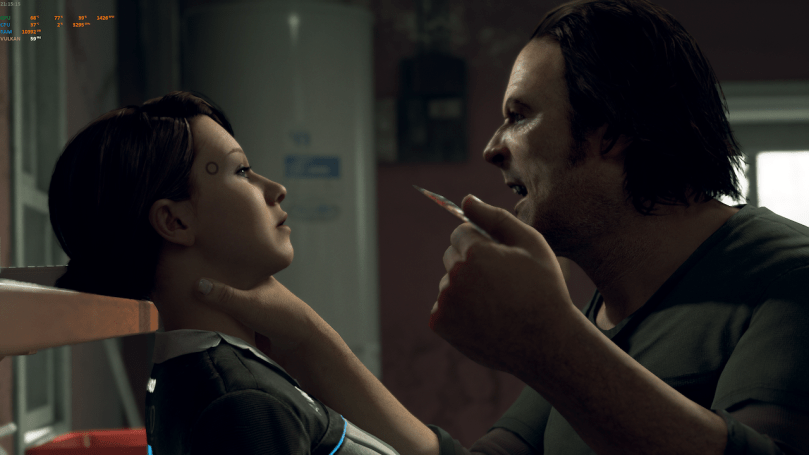 Screenshot showing Kara being threatened and yelled at by Todd with a hand to her neck pushing her backwards in the laundry room.