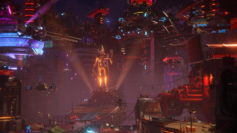 Screenshot showing a vista of a big city on the main world of Rivet's dimension with a golden statue of the emperor towering in the middle.