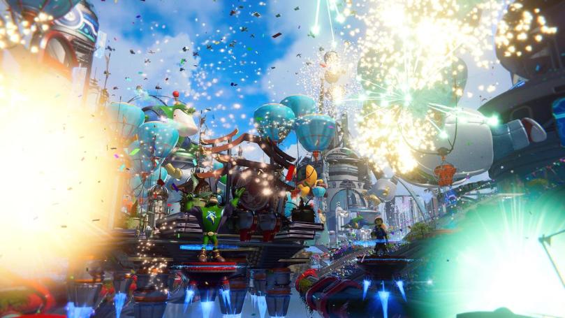 Screenshot from early in the game showing the spectacle of the parade that celecrates Ratchet & Clank heroics with fireworks and confetti.