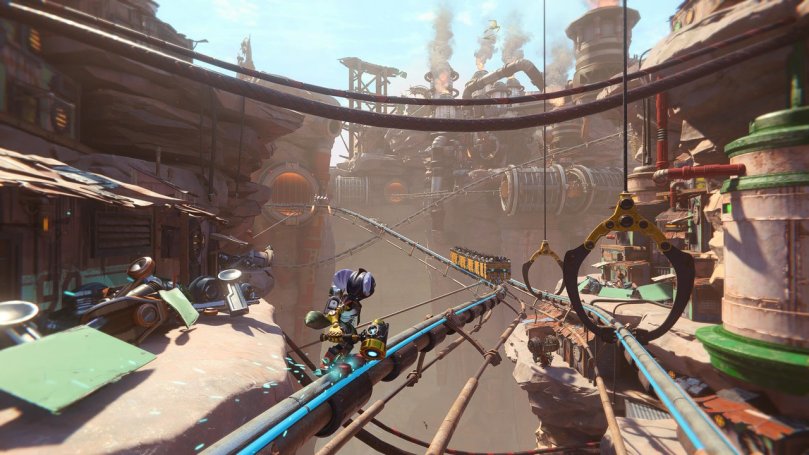 Screenshot of Rivet skating on mining cart rails with a cart coming towards her. To her right is another rail she can jump onto.