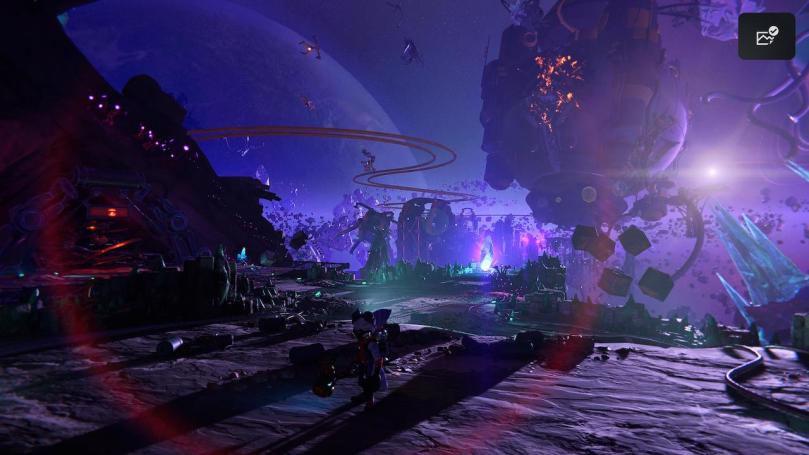 Screenshot showing debris and pieces of rock in the purple haze of a destroyed planet where Revet just landed.