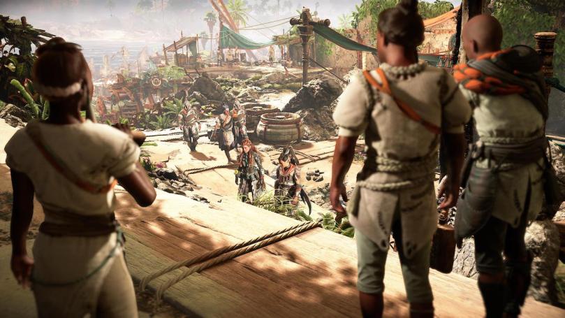 Aloy and Seyka returning to Fleet's End on their way to the Admiral of the Quen settlement. People are staring and whispering.