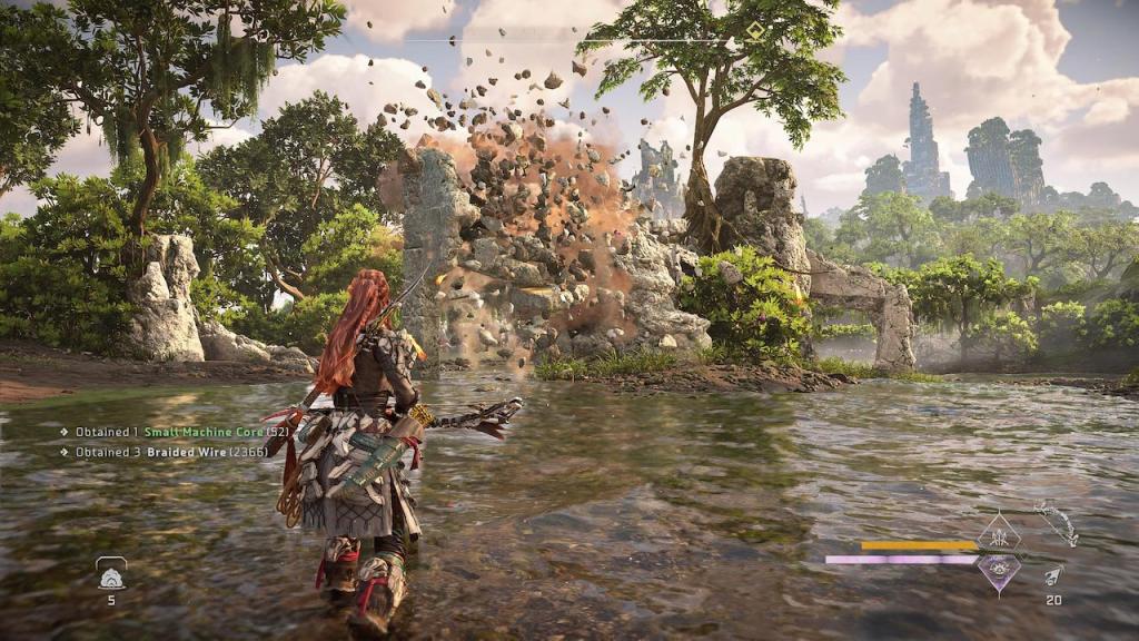 Aloy watching how a stone structure explodes and collapses after unstable Firegleam erupted.