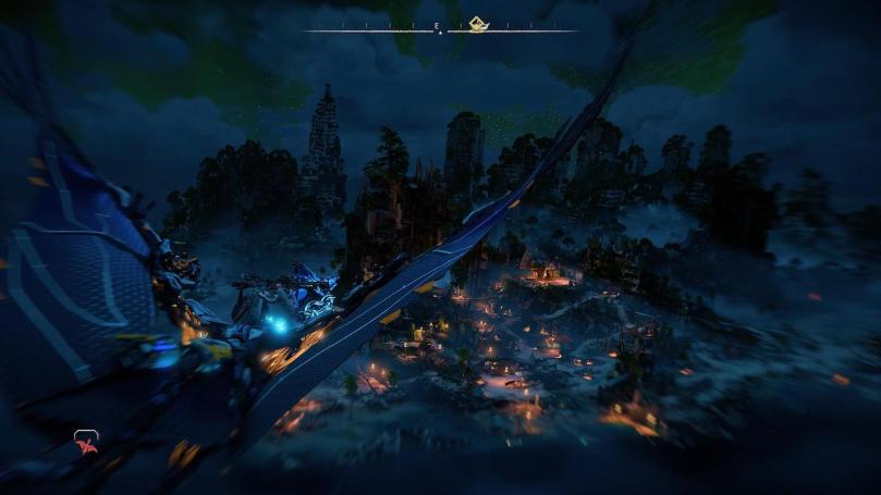 Aloy flying on a Sunwing during the night while looking down on Fleet's End that is sparsely illuminated by camp fires.