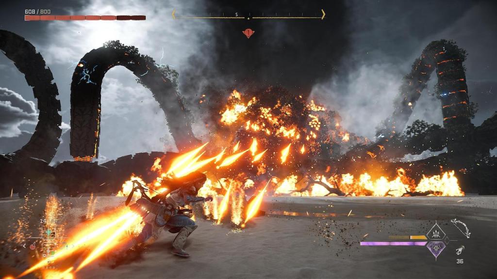 Aloy fighting the Horus on a beach. The Horus shoots with heavy machine guns while Aloy evades the incoming projectiles. The Horus is dead in the water and flailing its tentacles.