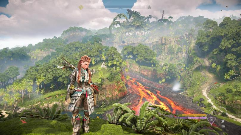 Aloy standing on a cliff with the Hollywood sign and the Horus in the background. Lava is flowing down from the direction of the Hollywood sign.