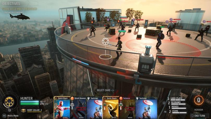 A battle on top of Avenger Tower with helicopters attacking the tower and the skyscraper and other Manhattan buildings in the background.