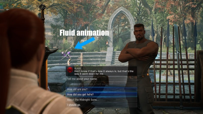 An example showing the fluid background character animation on the PC when standing at Blades upgrade and training station.