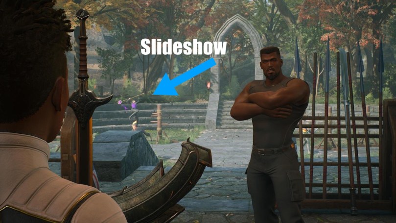 An example showing the reduced background character animation on the PlayStation 5 when standing at Blades upgrade and training station.