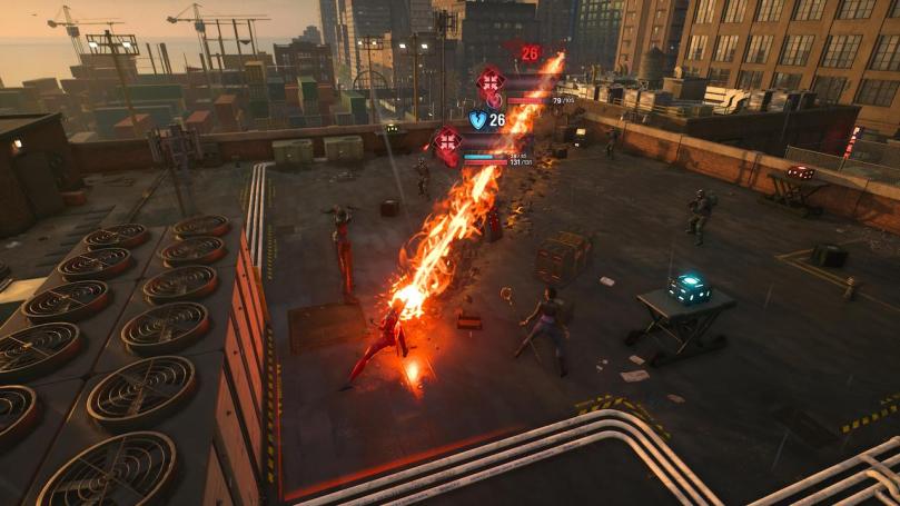 Cpatain Marvel using her Photon Beam ability to damage several enemies in a row on a New York rooftop.