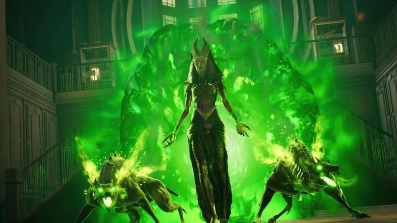 Lilith accompanied by two evil hounds at her sides enters the Sanctum Sanctorum through a bright green portal.