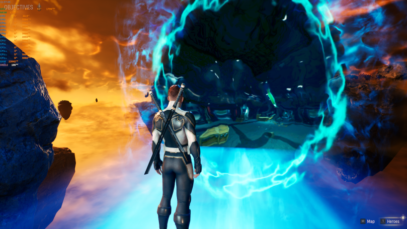 The Hunter walking towards a portal in Limbo that shows an warehouse on
the other side of the portal, which is the next main mission.