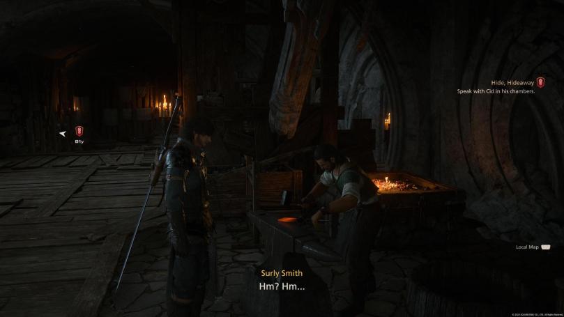 Clive stands in front of the surly smith in Cid's hideout. The environment is dark and gloomy, being inside ancient ruins.