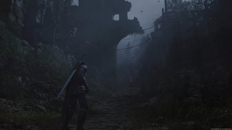 Clive is walking on a narrow path in a dark and atmospheric storm. Just ahead of Clive is a partly crumbled ruin.