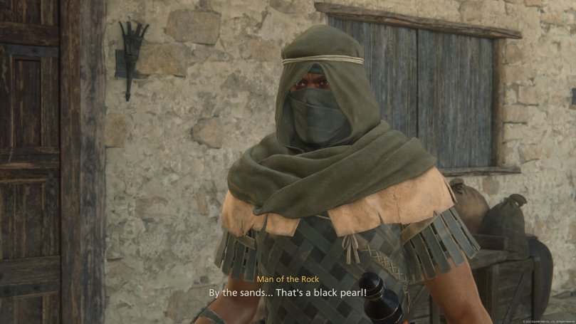 An example of how low-resolution the textures can be. A shady person covered by a hood and a face mask is in the focus. His garment's textures looking realistic but soft.
