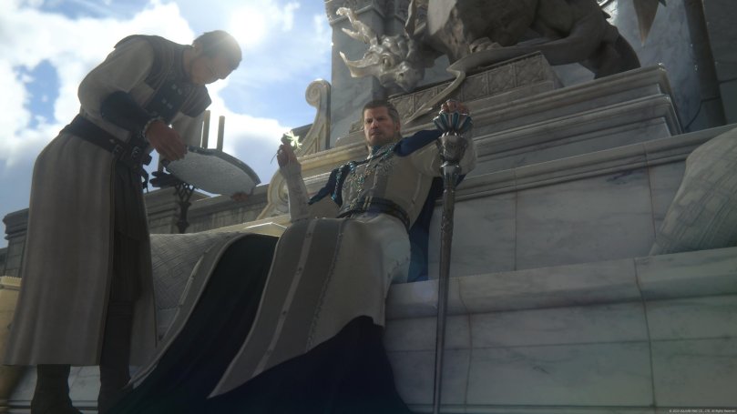 A realm's king sits on his marble throne that is adorned by a marble dragon atop the throne. A servant is bowing to the left of the king.