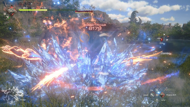 An example of the amount for spectacle on display during combat. Clive cast a fire spell while Jill used ice magic to inflict stagger damage to an enemy.